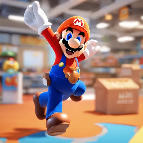 (Mario), character design, Nintendo Super Mario, (blue eyes, red hat, orange apron , orange suspenders, orange and black gloves, )full body, exaggerated expressions and actions, clean background, bright iridescent highlights, studio lighting, atmospheric l...