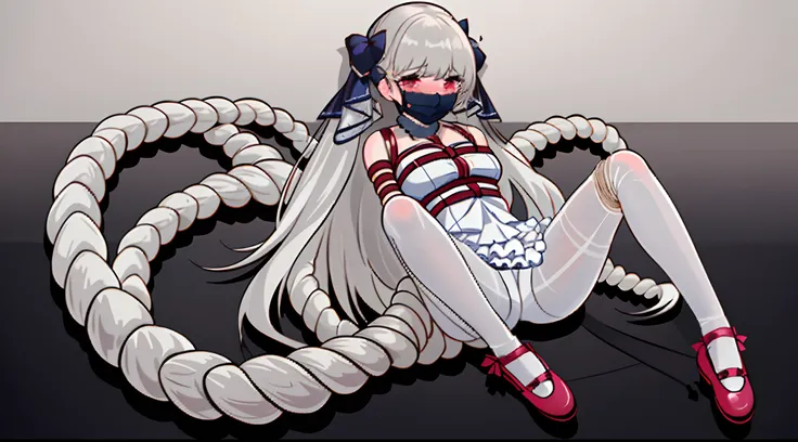 ((rope)),bondage,formidable_default,((white pantyhose)), shoes,(((mary_janes))), ((blush)), ((crying with eyes open)), ((sad)),  ((arms_behind_back)),((((rope)))),((((bondage)))), ((((shibari)))),((mouthmask)),