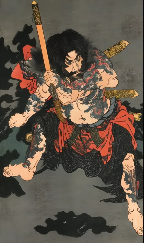 Dao Guan Yu went into battle shirtless，of a shirtless，with tattoos，long whitr hair，irate，ukiyo-style，k hd，Minimalist background，（angry look），tmasterpiece，filigree，k hd