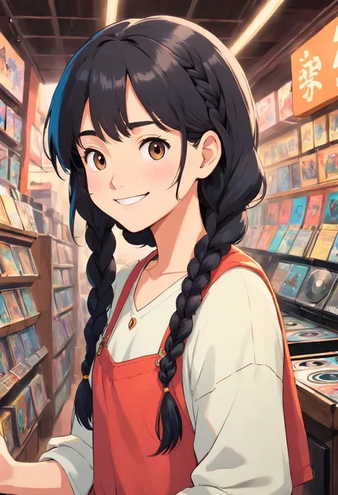 A lovely 16 year old girl, braid hairstyle, and black hair, Smiling slightly, Wearing clothes from the 80s, She was in a vinyl record store.