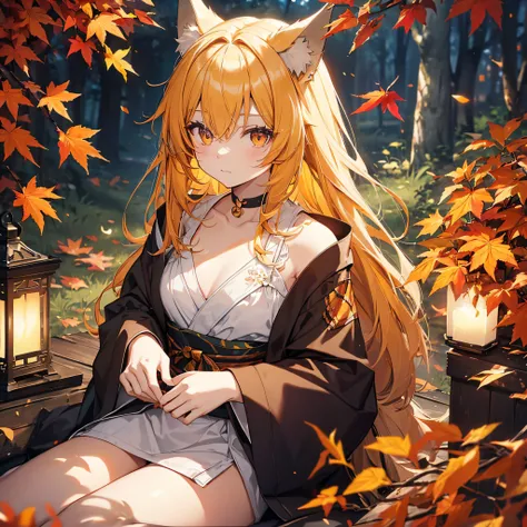 autumnal、the woods、Colored leaves, (top-quality), ((​masterpiece)), Original, Kimono、undergarment、teats、bath robe、((详细的脸))、beautiful finely detailed eyes、hair messy、Medium chest、
(One Woman),full body Esbian,(The upper part of the body:0.7), (Golden Eyes),...