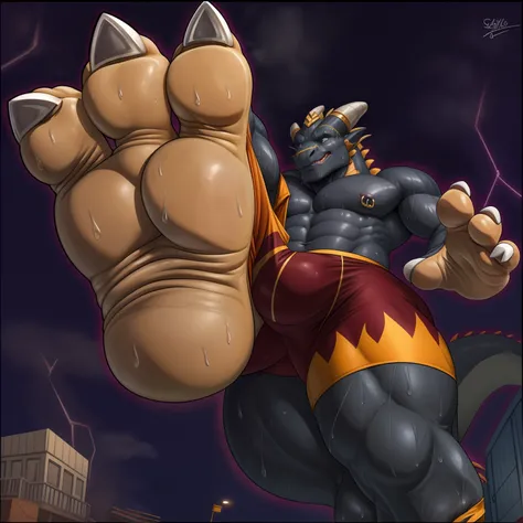 anthro dragon, big feet, 3 toes, plantigrade feet, swollen soles, growing feet, sweaty soles, sweating, sweat, grey soles, ((sweat dripping from soles)), big pecs, muscles, nipple piercing, bulging speedo