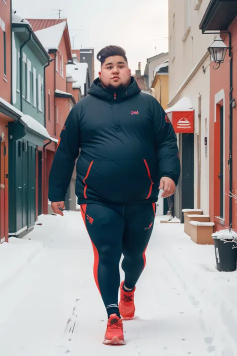 year: 2023. Location: Sweden. Pre-Raphaelite scene with a 25-year-old man, ((obese)), walking in the street, terraced houses, ((((winter sport Clothing from the 2020s)))) ((Hairstyle of the 2020s)), ((("OMITB" cinematography)))