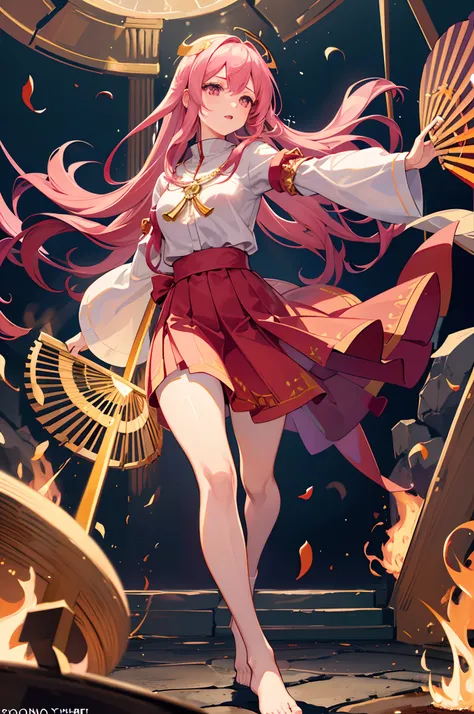 High Frequency: 1.8, rich detailed, Masterpiece, 8K, Beautiful priestess in pink shirt standing in front of a fire, Dancing, Hands waving a fan, Fan on fire, Flames surround the priestess, Burning Battlefield Background,