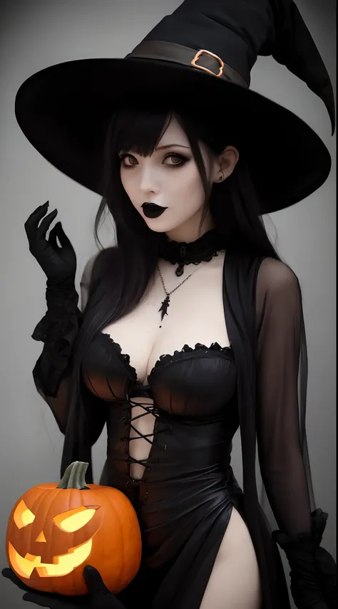 Sexy, witch, has a pumpkin for a head, horror, goth clothes, extremely scary, small breasts