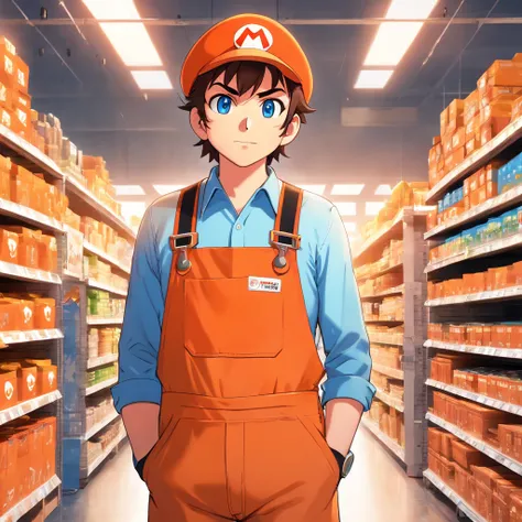 (Mario), Super Mario, (blue eyes, red hat, orange apron , orange suspenders, orange and black gloves, )full body, exaggerated expressions and actions, clean background, bright iridescent highlights, studio lighting, atmospheric lighting, with exquisite tex...