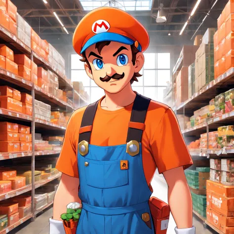 (Mario), Super Mario, (blue eyes, red hat, orange apron , orange suspenders, orange and black gloves, )full body, exaggerated expressions and actions, clean background, bright iridescent highlights, studio lighting, atmospheric lighting, with exquisite tex...