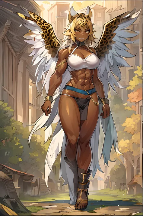 Muscle girl, dark-skinned woman, big chest, wings, happy,, , panties,skirt, portrait, 1character, full body, walking, ,village, farm, , forest,flipflops,blond hair, revealing cloth, leopard cloths , barbarian,wings, fake animal ears, light smile, ear blush...