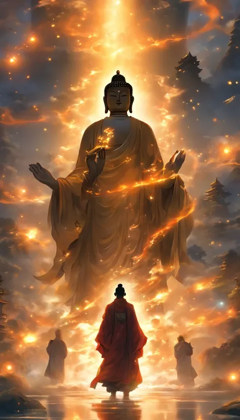 China style，In the distance, A huge tall Buddha statue stands in space，Gaze at the earth，Standing Buddha，with light glowing，Glow effect，Pilgrims on the road，Hyper-realistic，Ultra photo realsisim，Real Photographics，8K，High definition，high qulity，Works of ma...