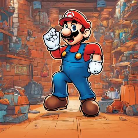 (Mario), Super Mario, (blue eyes, red hat, orange apron , orange suspenders, orange and black gloves, )full body, exaggerated expressions and actions, clean background, bright iridescent highlights, studio lighting, atmospheric lighting, with exquisite tex...