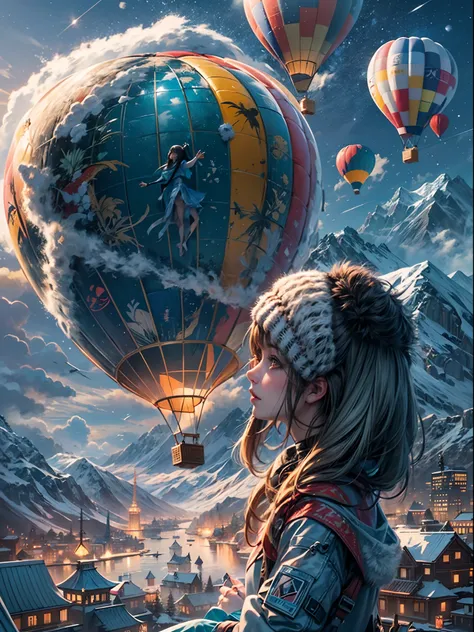 A girl enjoy their winter vacation trip at snow mountain glacier in the hot air balloon, flying in the air through hot air balloon, super detailed concept art, 24K UHD night view, FHD resolution