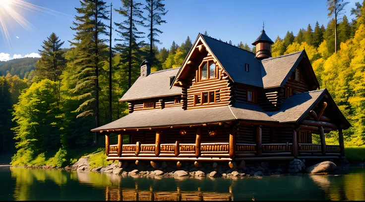 huge wooden log house in Slavic style, well sunlit, porch, carved window platbands, small turrets, terem, Slavic house, wood carvings, by the river against a pine forest background, sunny summer day