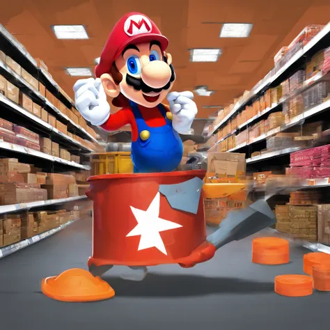 (Mario), Super Mario, (blue eyes, red hat, orange apron , orange suspenders, orange and black gloves, )full body, exaggerated expressions and actions, clean background, bright iridescent highlights, studio lighting, atmospheric lighting, with exquisite tex...