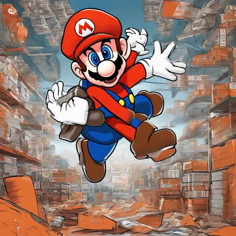 (Mario), Super Mario, (blue eyes, red hat, orange apron , orange suspenders, orange and black gloves, )full body, exaggerated expressions and actions, clean background, bright iridescent highlights, studio lighting, atmospheric lighting, with exquisite tex...