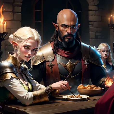 Imagine a roleplaying party of seven people, sitting at a table and wearing the following outfits: a black woman with green eyes dressed in a paladin outfit, a woman in an elf outfit, a woman in an archer outfit, a man black man with a black goatee in warr...