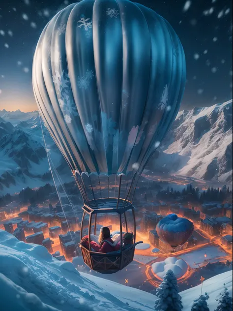 A girl enjoy their winter vacation trip at snow mountain glacier in the hot air balloon, flying in the air through hot air balloon, super detailed concept art, 24K UHD night view, Full HD resolution, snow flakes, rendered by octane, unreal engine 5 effects...