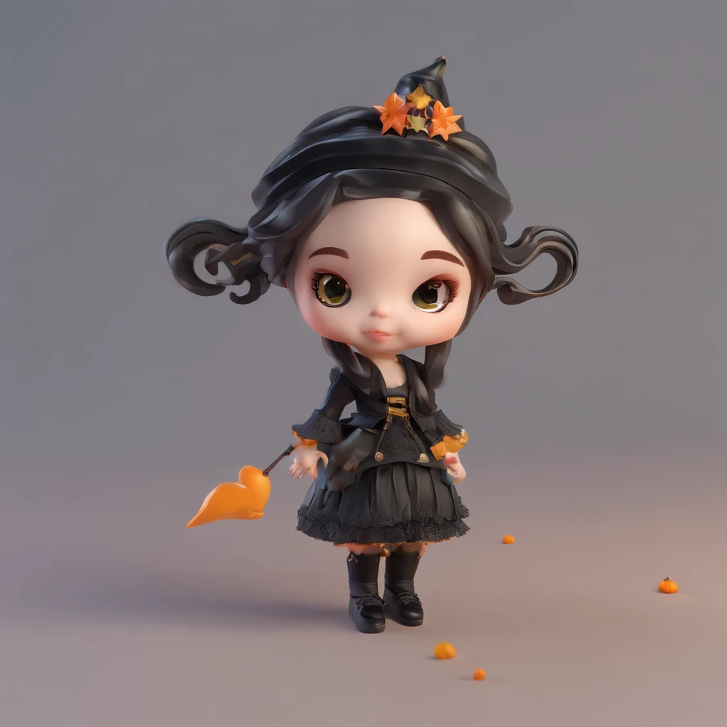 Super Cute Girl IP by Pop Mart, Bright eyes, Cherub,clay, modeled, blind box toy, Glossy and delicate,clean back ground, Good luster, 3D rendering of a,Best Quality,the witch、Black dress、Halloween Hats、Skull ornament、Dreadlocks