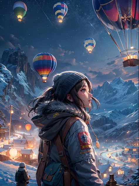 A girl enjoy their winter vacation trip at snow mountain glacier in the hot air balloon, flying in the air through hot air balloon, super detailed concept art, 24K UHD night view, Full HD resolution, snow flakes, rendered by octane, unreal engine 5 effects...