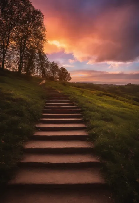 Close-up of the stairs leading to the rainbow sky, stairway to heaven, A very colorful heaven, stairs from hell to heaven, Leading to the Sky, Rainbow clouds, Colors of Heaven, Rainbow Trail, Colorful sky, Rainbow clouds, Heaven!!!!!!!!, rainbow, Rainbow c...