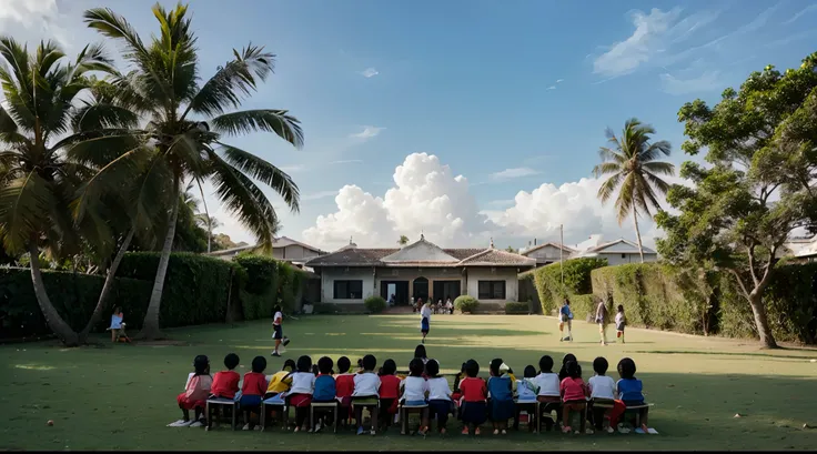 A hundred schoolchildren on the seaside lawn，Several coconut trees in the background