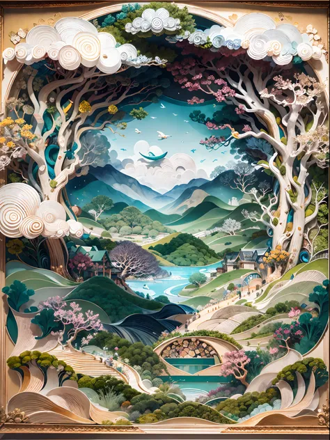 There is a beautiful painting in the frame，made of paper。（with blue sky and white clouds，Green Mountains and Green Water，terraced），（（arte em papel cortado，layered paper art，Layers，Layers on the heap，Flat paper cutout，Stacked，Hollow-out on，3Drenderingof，opt...