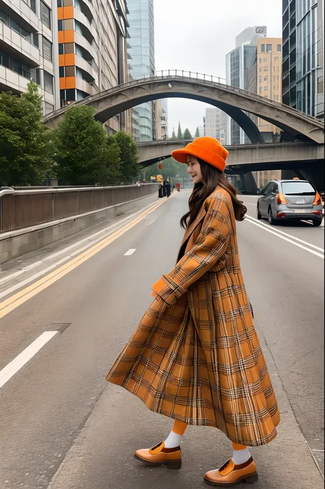 Crestbridge plaid long coat、Brown long skirt、cap with orange plumage,、Take your eyes off、Depiction of walking in the city、Pulling photo、Posing with movement、Large bouquet in one hand、Theme from the side、Young European beauties、Brown loafers