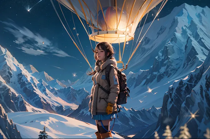 A girl enjoy their winter vacation trip at snow mountain glacier in the hot air balloon, flying in the air through hot air balloon, snow flakes, adventurous art, waterfall, super detailed concept art, 24K UHD night view, Full HD resolution, rendered by oct...