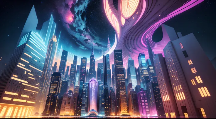 Fictional city with colorful buildings of various shapes, Brightly colored starry sky, Fantastic and surreal architecture, Luxurious and unique home, Dreamy cityscape, Stylized digital illustration with a surreal touch, Magical light and reflection of buil...