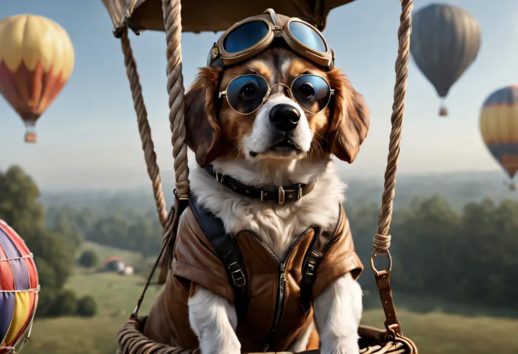 (best quality, 4k, 8k, high resolution, masterpiece: 1.2), ultra detailed, (realistic, photorealistic, photorealistic: 1.37), dog dressed in an arafly with aviator glasses and helmet inside a hot air balloon, anthropomorphic dog,