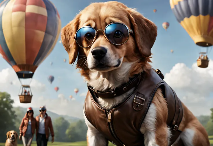 (best quality, 4k, 8k, high resolution, masterpiece: 1.2), ultra detailed, (realistic, photorealistic, photorealistic: 1.37), dog dressed in an arafly with aviator glasses and helmet inside a hot air balloon, anthropomorphic dog,