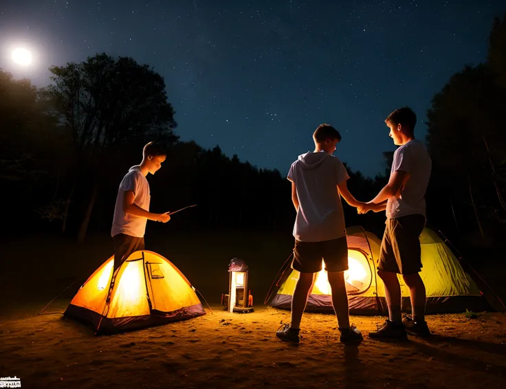 two boys in a campsite at night touching each other sexually