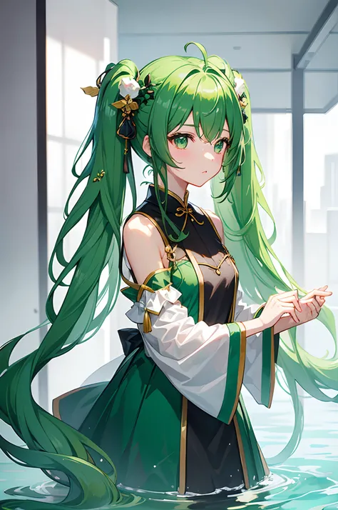 1girl, 独奏, hair ornament, green hair, twintails, Long hair, Dress, water