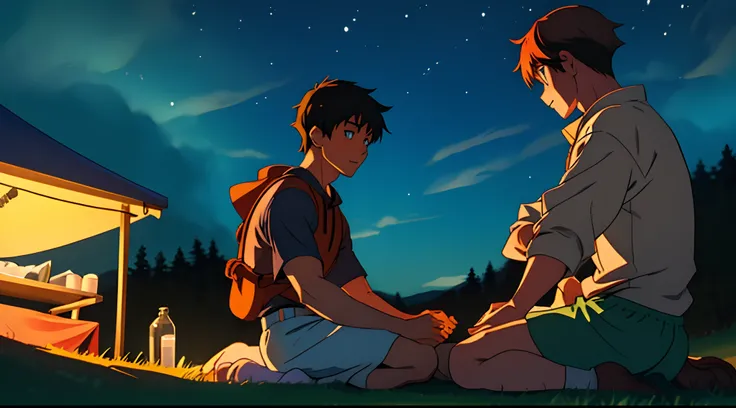 two anime boys in a campsite at night touching each other sexually while having their hand in each others underwear