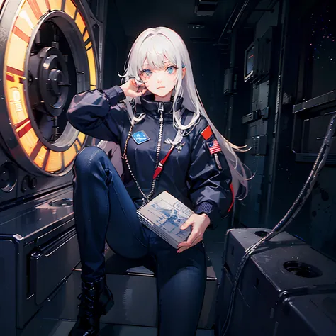 (Masterpiece, top quality, best quality, extreme detail, highest detail, official art, Beauty and aesthetics: 1.2), colorful, denim shots, beautiful face, solo, perfect body, beautiful eyes, 1 girl, in spacecraft, spacesuit, interior, (wire and cable: 1.1)...