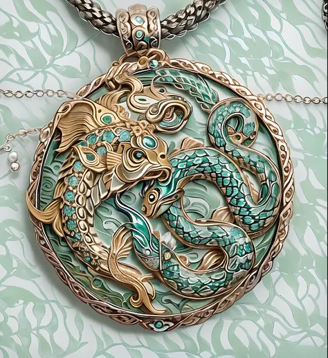 a close up of a necklace with a fish and snake on it, inspired by Kanō Hōgai, inspired by Katsushika Ōi, inspired by Yamamoto Shōun, inspired by Kameda Bōsai, inspired by Katsukawa Shunei, pendant, inspired by Shunkōsai Hokushū, swirling silver fish