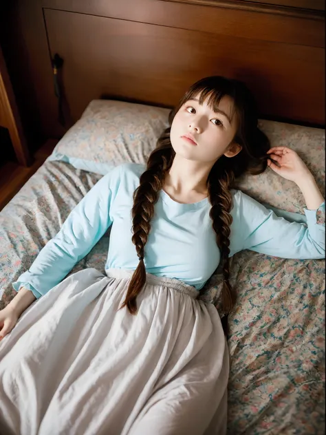 (Top image quality, 8K, ​masterpiece), top-quality, 超A high resolution,Japan Girl, 18year old、On a modern bed、Wearing a loose T-shirt、Im lying face down and looking up.、 kawaii faces, Melancholy look, 二重まぶた、large full breasts、Twin braid hairstyle、Fairytale...