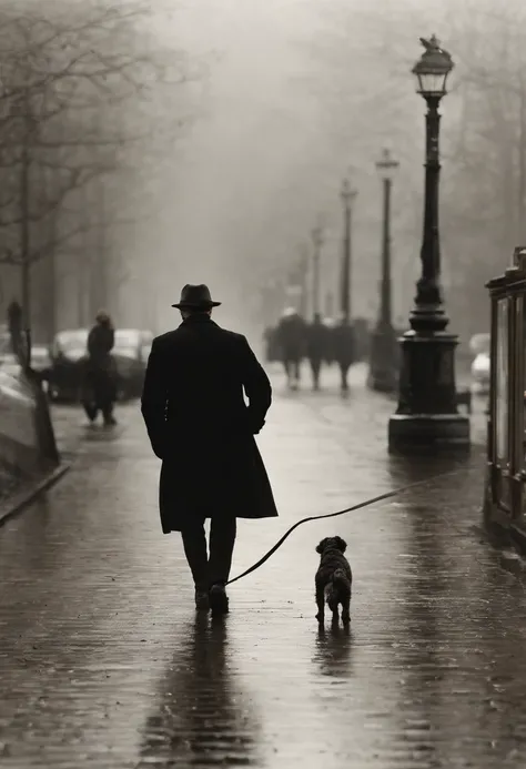 artwork by Sam Toft, A man in a hat walking his dog,simple scene,illustration for children