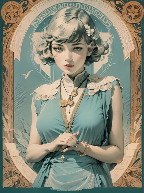 ((Best quality)) , ((Masterpiece)) , (Detailed) ,(1womanl:1.3),(Tarot card illustration:1.3), Art Deco by Ettore Sottsass and Louis Icart (Coles Phillips:1.1) , Masterpiece,  (Wear a cute blue shirt_Lift:1.2), She has beige hair，The styling is Duslaide, Th...