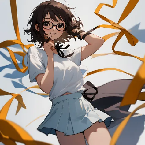 Medium hair, black, black eyes, sweet smile, white t-shirt with mini skirt, wearing glasses, and ribbon on