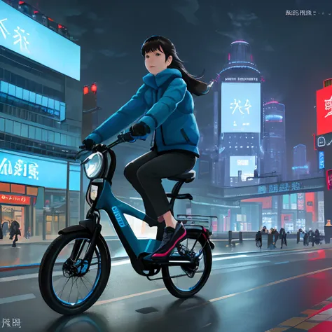 (A realistic one, Detailed) Blue Shipping Additional Terms, (Holding a courier box), (riding an electric bike), In the city of Changsha, (Surrounded by vibrant cityscapes: Bustling streets, modernn architecture, and colorful billboards), Background: [The 0...