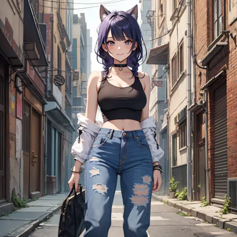 （（（best qualtiy，tmasterpiece））），ighly detailed，complex，Beautiful and cool avant-garde（（1girll）），独奏，，Wear sleeveless cropped tops，Lavender long braid hair，choker necklace，baggy jeans，Dystopian city alley smile