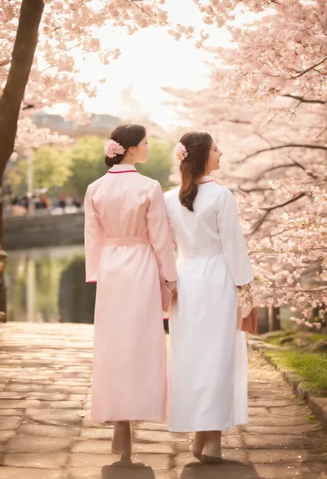 Academic dress, Academic robes, Mortar board, Square cap, University campuses, Buildings, Cherry blossoms, Smiling, 2girls, detailed uniform, view the viewer, (SIGMA 85mm f1.4), Depth of field, Bokeh,  Detailed realistic background, diffused natural sunlig...