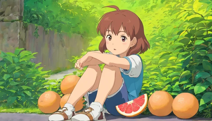 Little girl sitting on the side of the road，Look Up and Speak，Two baskets of grapefruit in front