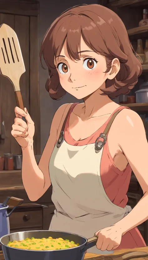 Old woman,brown hair,aunt look,front view,holding spatula,strict face, tank top.