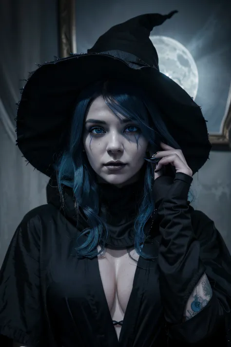 elden_ring ((darkpunk goth)) ranni_the_witch highres 1girl blue_dress blue_eyes blue_hair blue_headwear blue_robe blue_skin cloak colored_skin cracked_skin dress extra_arms extra_faces eyes_visible_through_headwear facial_mark fur_cloak ghost glowing_tatto...