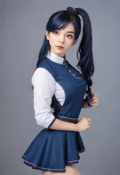 1girl in, Solo, Laura S. Alceid (long dark blue hair, Ponytail and side van, small tit), (Inspired by the trail of cold steel) In a school dress showing off her panties, In military schools, embarrassed