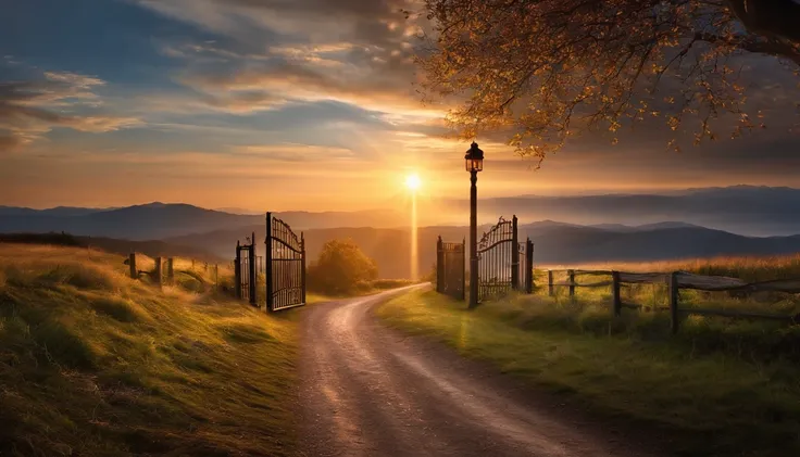 A vast sky where a door to heaven is opened and a light shines from within the gate