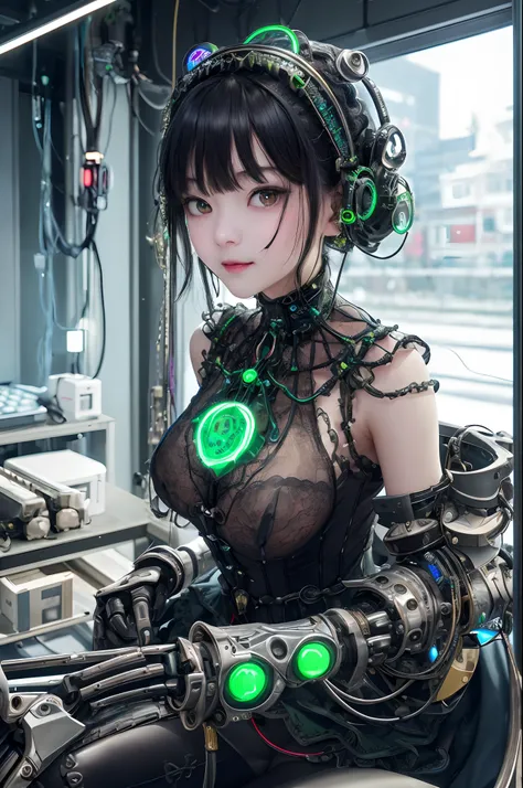 top-quality、​masterpiece、超A high resolution、(Photorealsitic:1.4)、Raw photo、女の子1人、Black hair、glowy skin、1 Mechanical Girl、((super realistic details))、portlate、Global Illumination、Shadow、octan render、8K、ultrasharp、Colossal tits、Raw skin is exposed in cleavag...