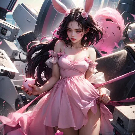 a women, pink bunny ears, black hair, pink eyes, pink dress