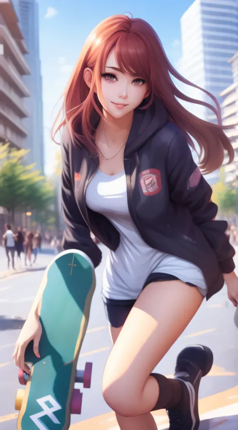 anime girl with a skateboard in her hand in a city, extremely detailed artgerm, ig model | artgerm, artgerm and ilya kuvshinov, artgerm portrait, artgerm. anime illustration, smooth anime cg art, ! dream artgerm, style artgerm, artgerm on artstation pixiv